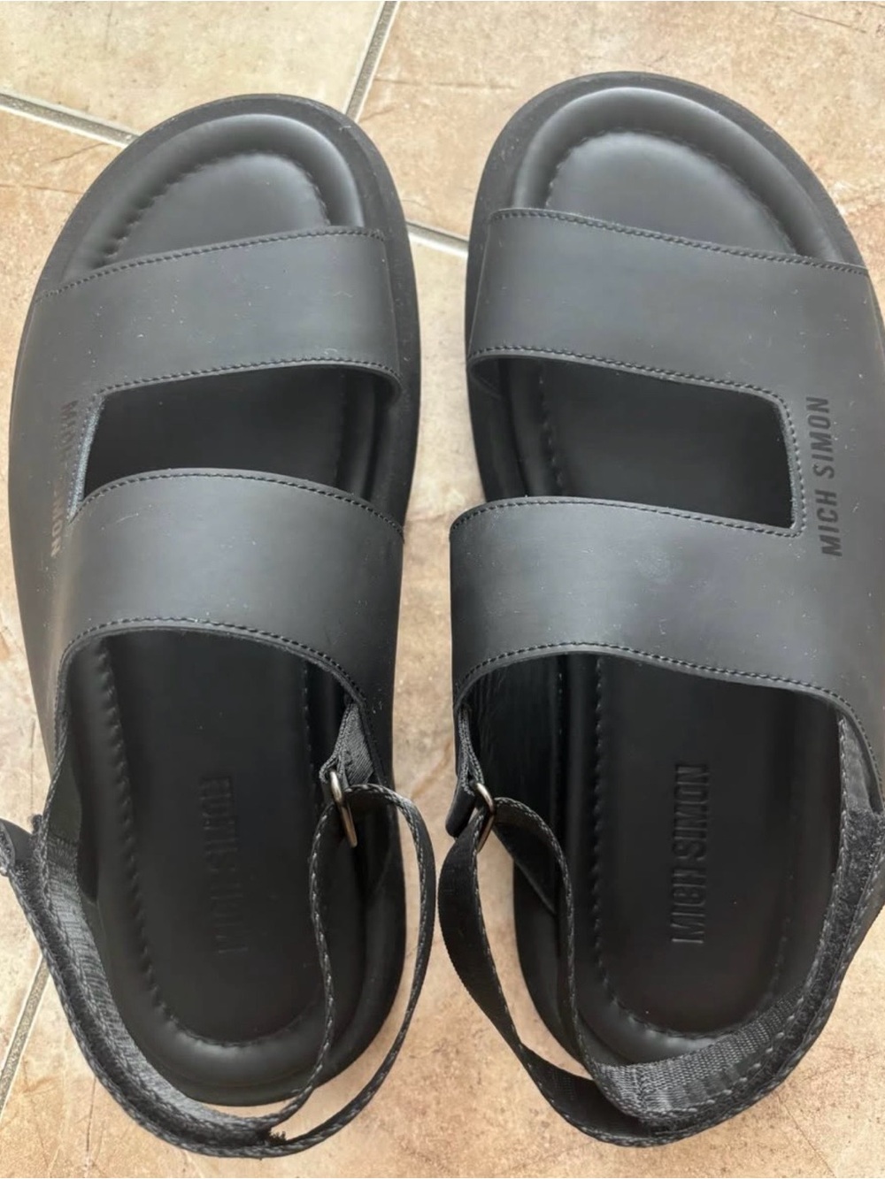 MICH SIMON Black Leather Men's Dual-Strap Slide Sandals